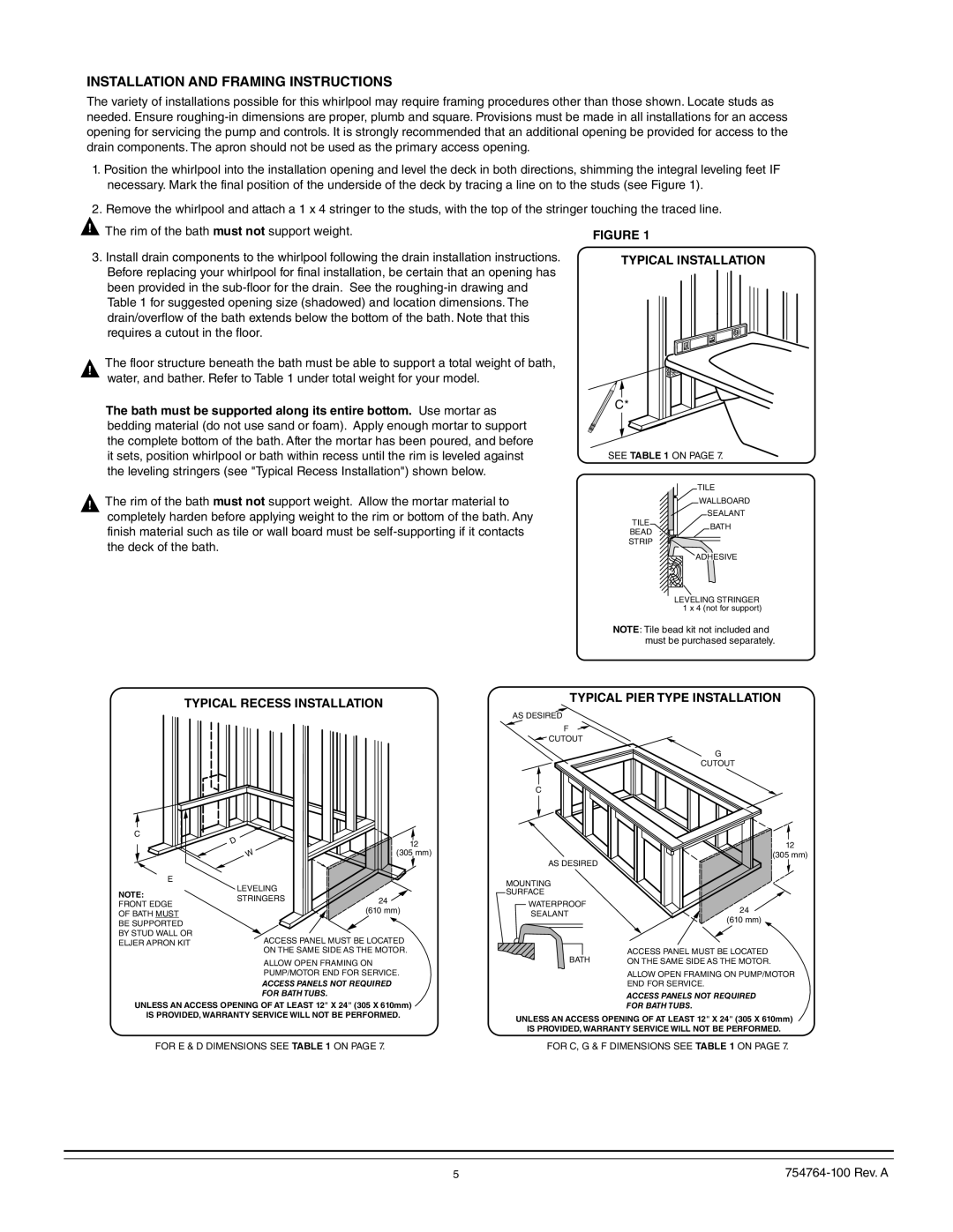 Whirlpool 015-0005 operation manual Installation and Framing Instructions 