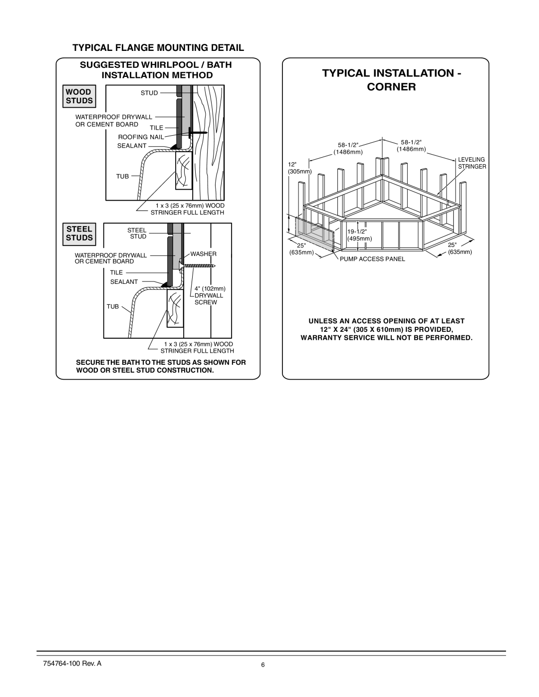 Whirlpool 015-0005 operation manual Typical Flange Mounting Detail, Suggested Whirlpool / Bath Installation Method 