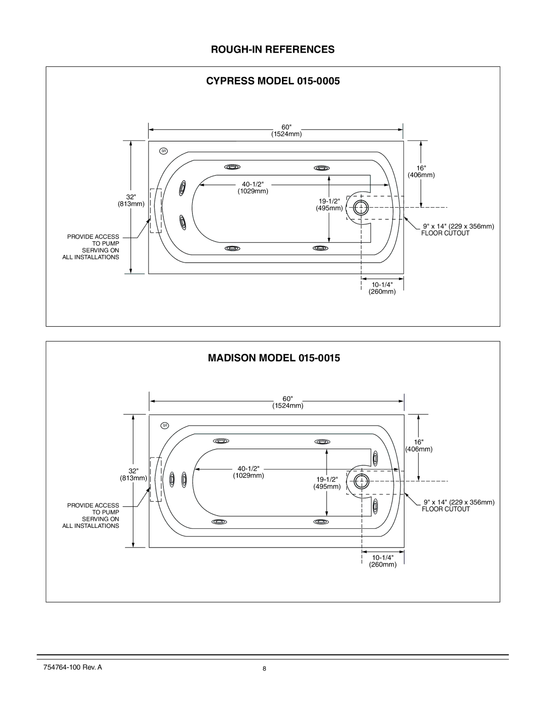 Whirlpool 015-0005 operation manual ROUGH-IN References, Cypress Model, Madison Model 