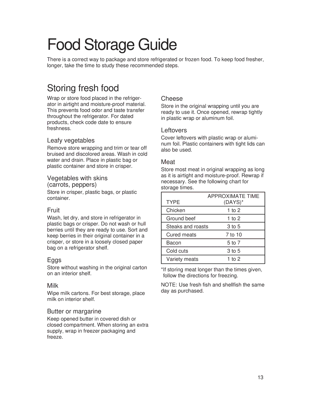 Whirlpool 1-34850/4390527 warranty Food Storage Guide, Storing fresh food 