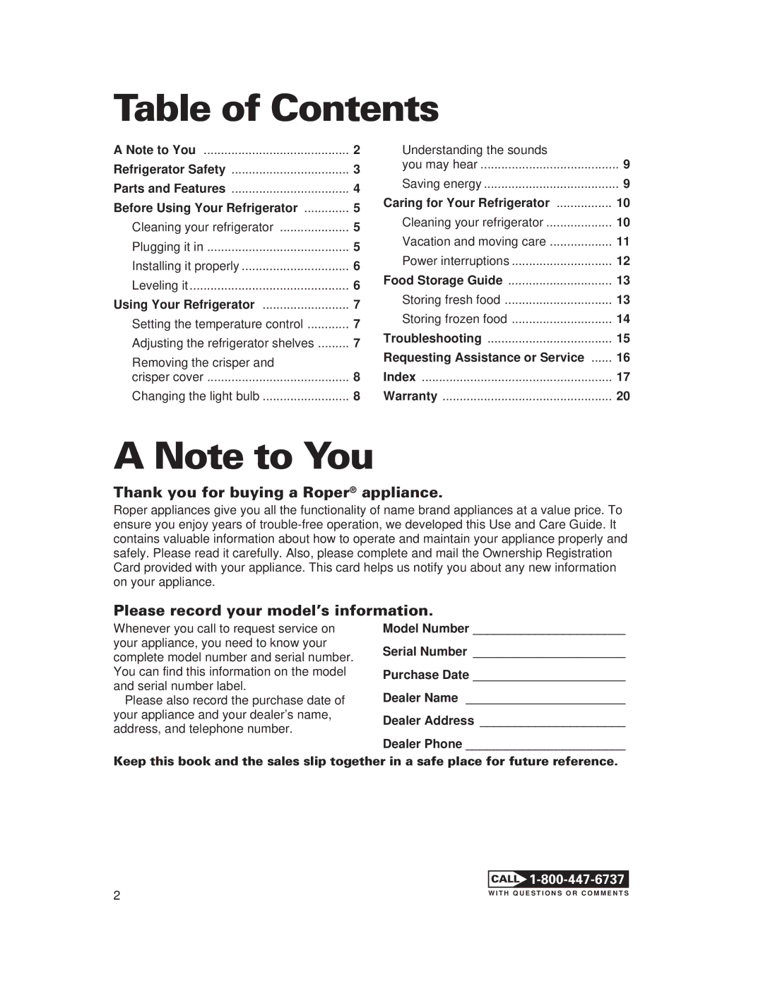 Whirlpool 1-34850/4390527 warranty Table of Contents 