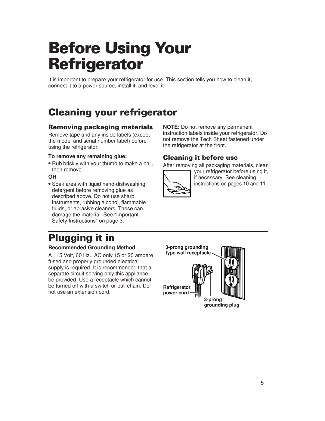 Whirlpool 1-34850/4390527 Before Using Your Refrigerator, Cleaning your refrigerator, Plugging it, Cleaning it before use 