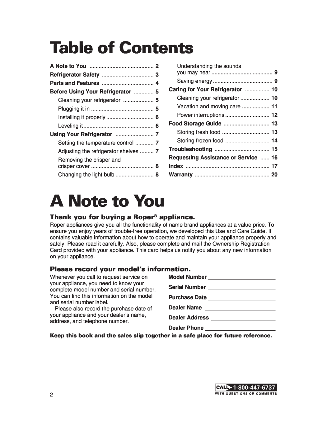 Whirlpool 1-34850/4390527 warranty Table of Contents, A Note to You, Thank you for buying a Roper appliance 