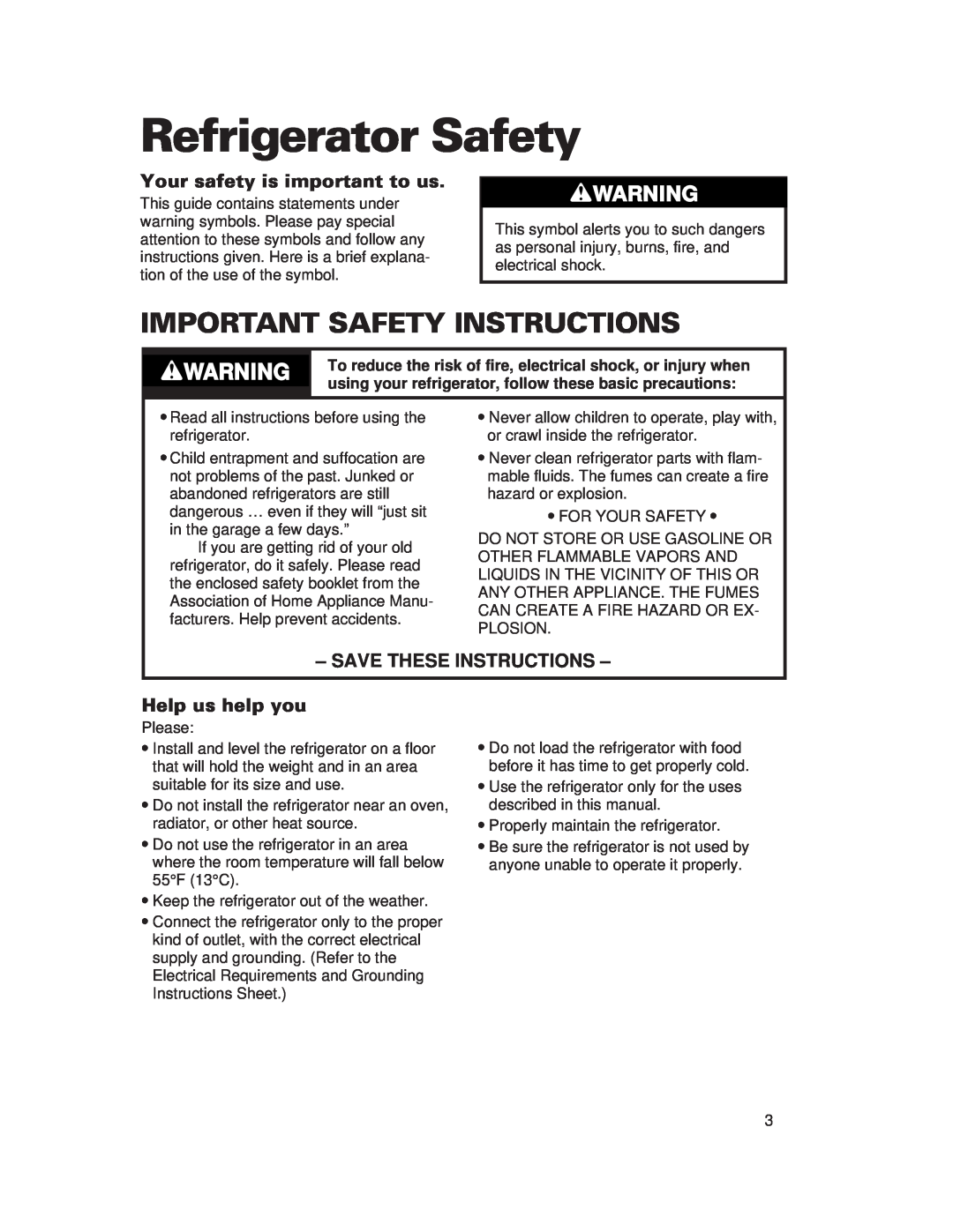 Whirlpool 1-34850/4390527 warranty Refrigerator Safety, Important Safety Instructions, Your safety is important to us 