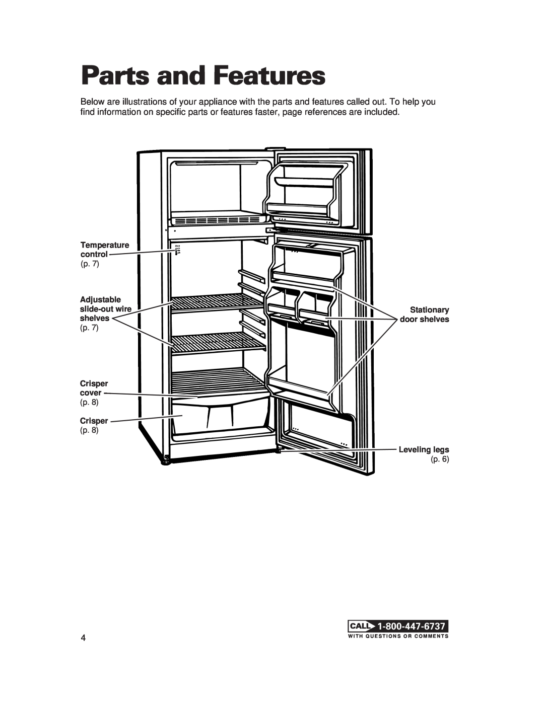 Whirlpool 1-34850/4390527 Parts and Features, Temperature control p Adjustable slide-out wire shelves, Crisper cover 