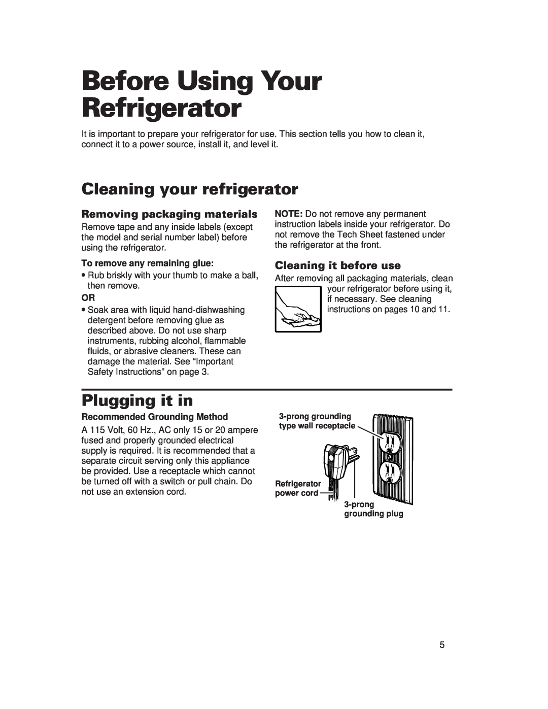 Whirlpool 1-34850/4390527 warranty Before Using Your Refrigerator, Cleaning your refrigerator, Plugging it in 