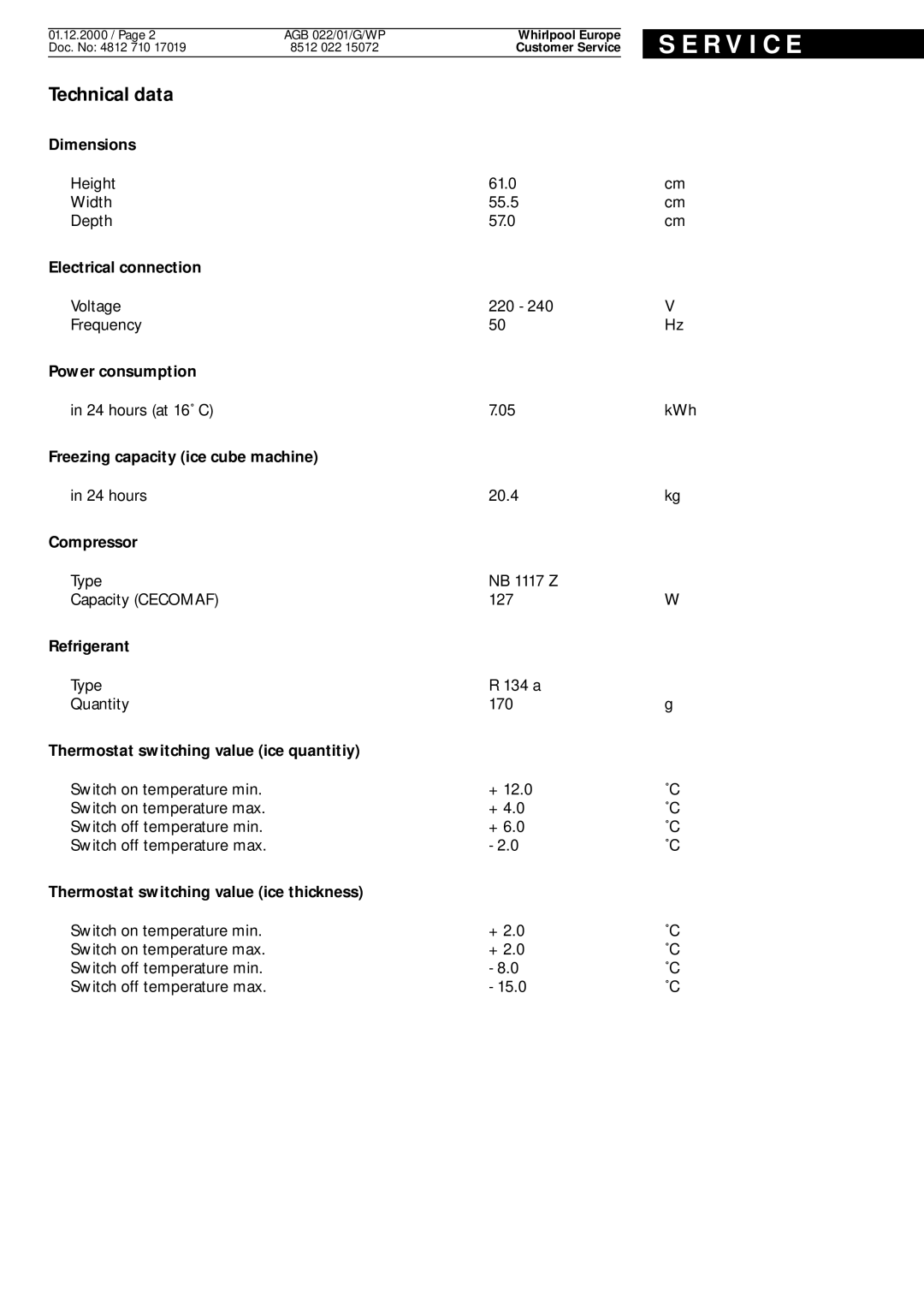 Whirlpool 1, WP, AGB, 22 service manual R V I C E, Technical data 