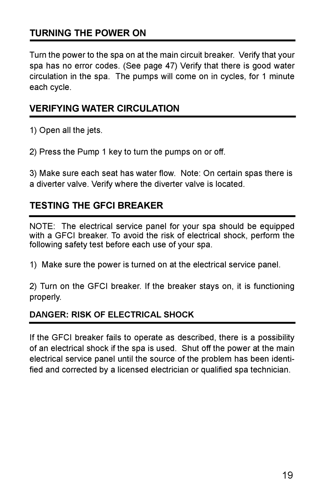 Whirlpool 11-0086-11 owner manual Turning the Power on, Verifying Water Circulation, Testing the Gfci Breaker 