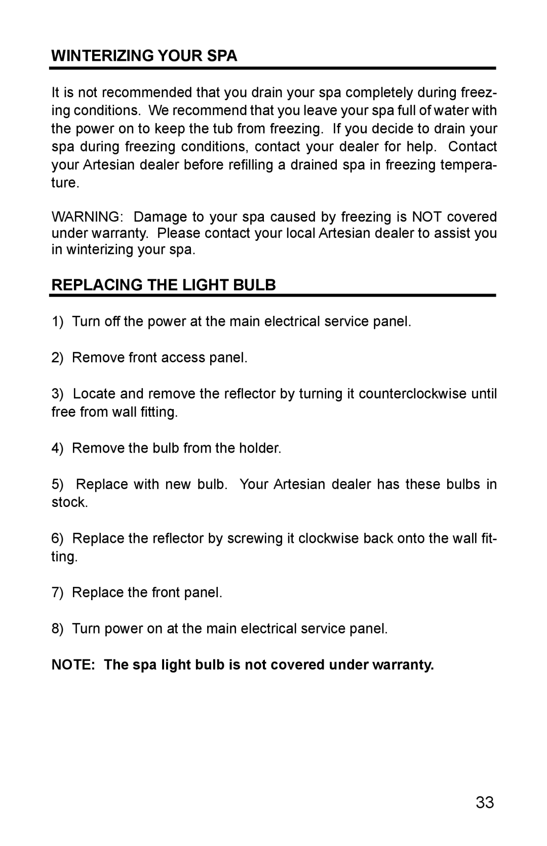 Whirlpool 11-0086-11 owner manual Winterizing Your SPA, Replacing the Light Bulb 