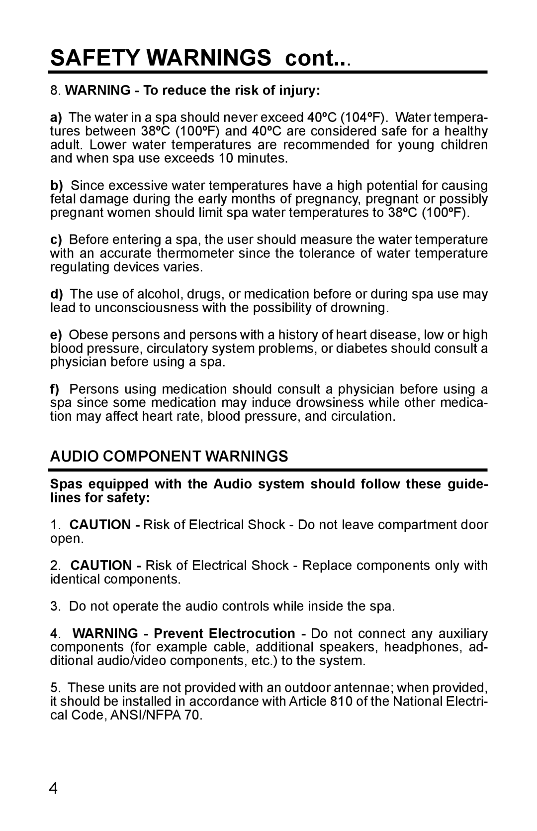 Whirlpool 11-0086-11 owner manual Safety Warnings, Audio Component Warnings 