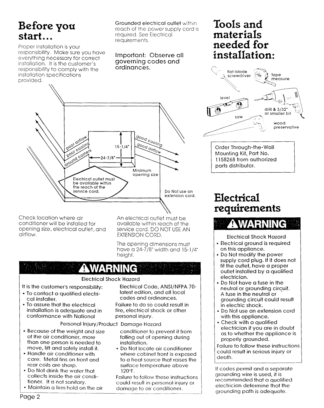 Whirlpool 1157672 Before you start, Electrical requirements, Important Observe all governing codes and ordinances 