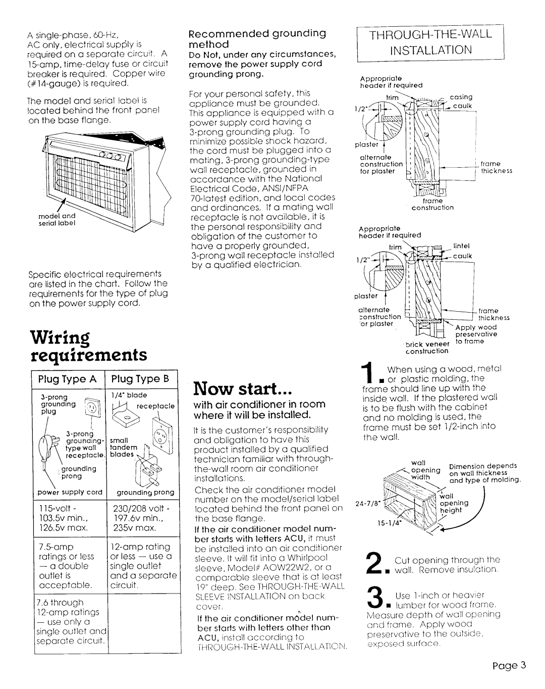 Whirlpool 1157672 Now start, Wiring requirements, RPlug Type a 1 Plug Type B, Recommended grounding method 