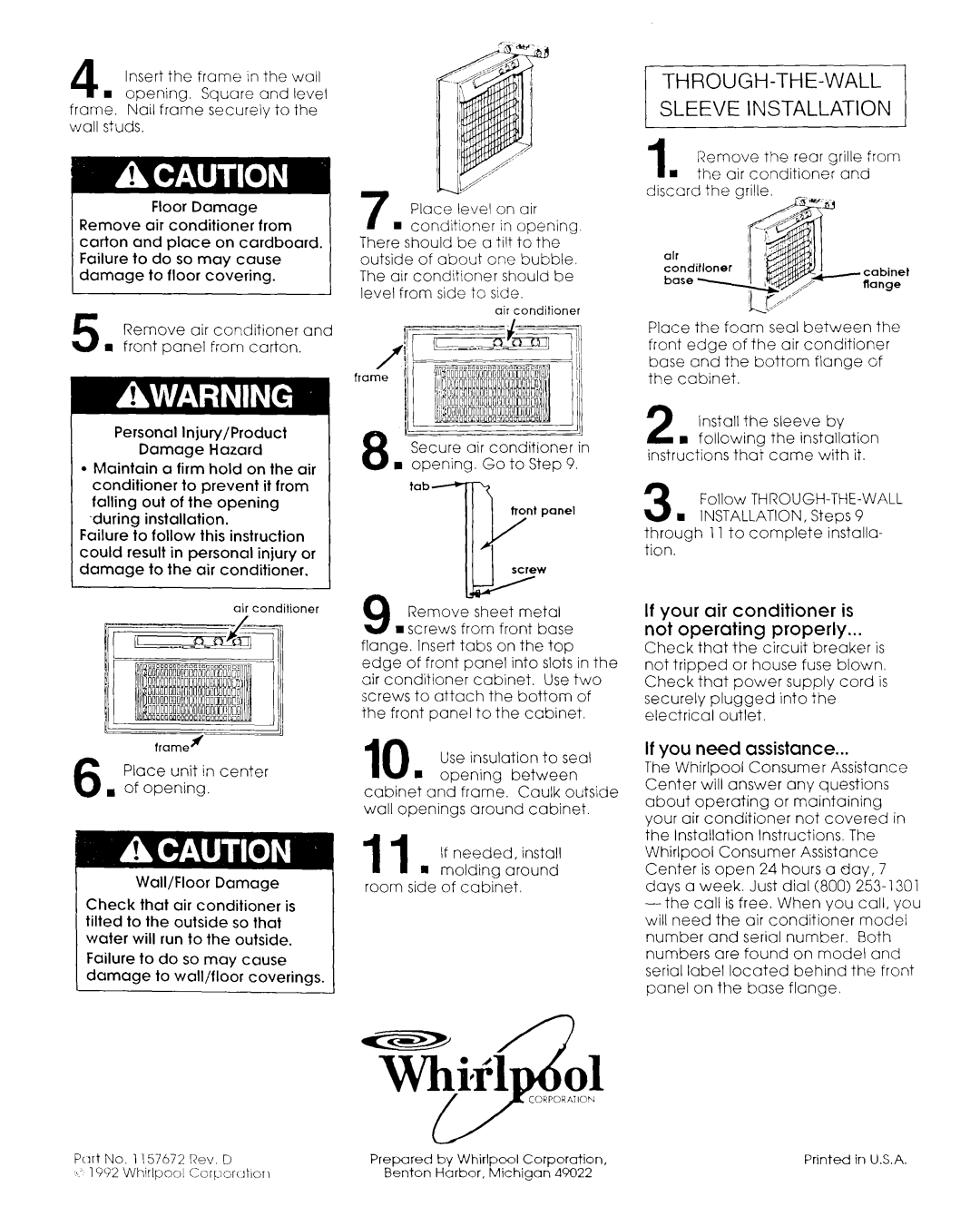 Whirlpool 1157672 installation instructions If your air conditioner is Not operating properly, If you need assistance 