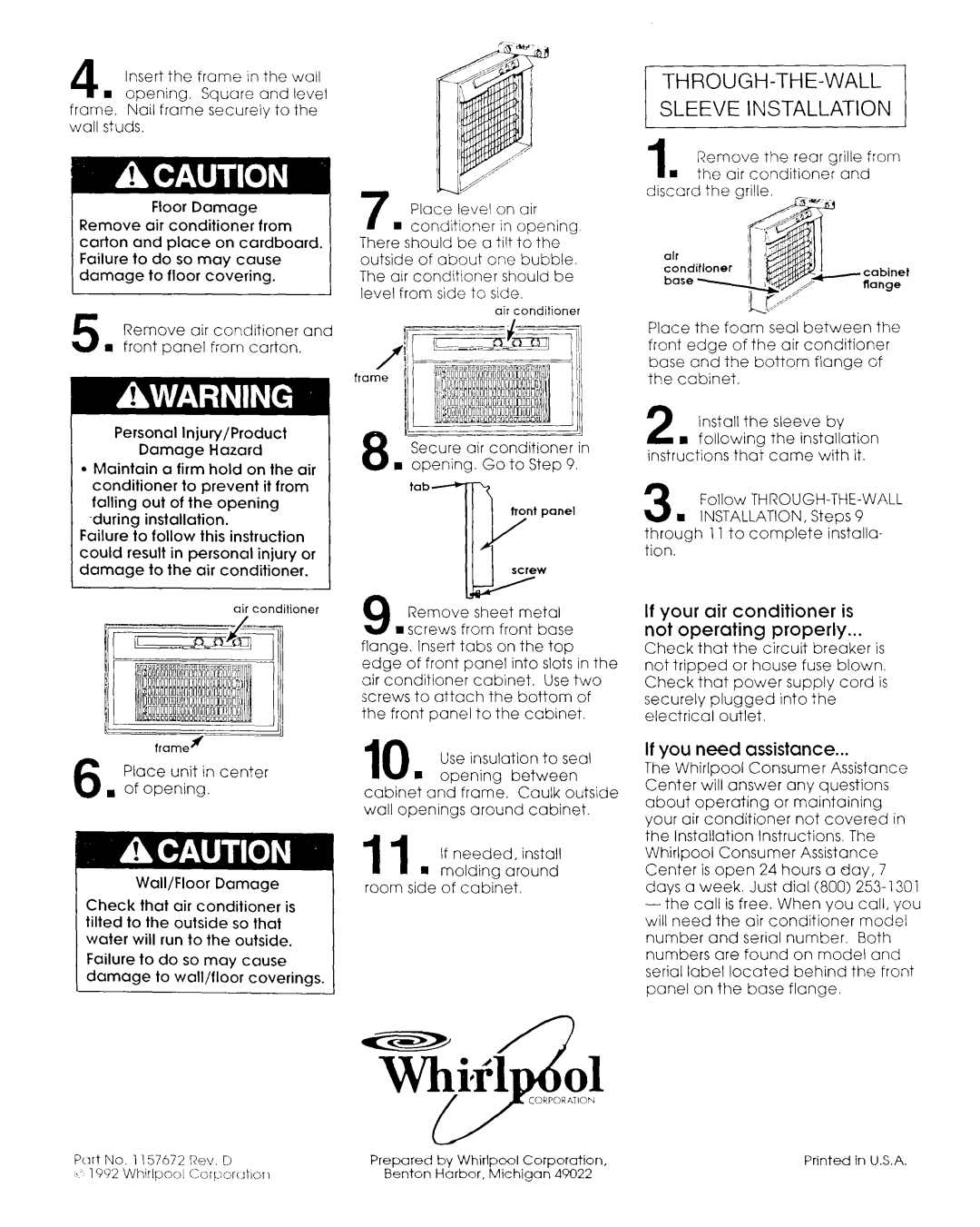 Whirlpool 1157672 installation instructions If your air conditioner is not operating properly, If you need assistance 