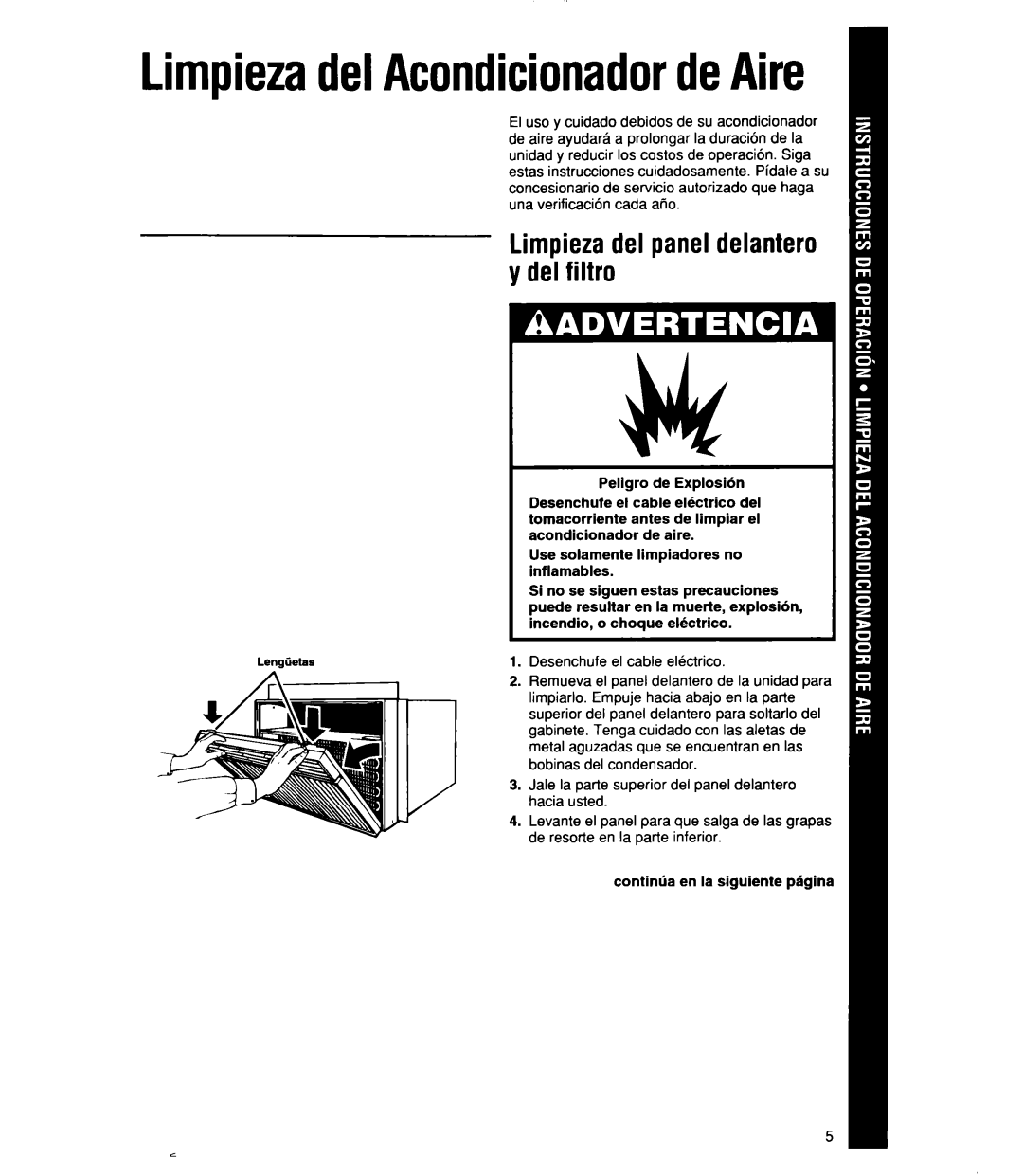 Whirlpool 1159801 manual LimpiezadelAcondicionadordeAire, Limpiezadel paneldelantero y del filtro 