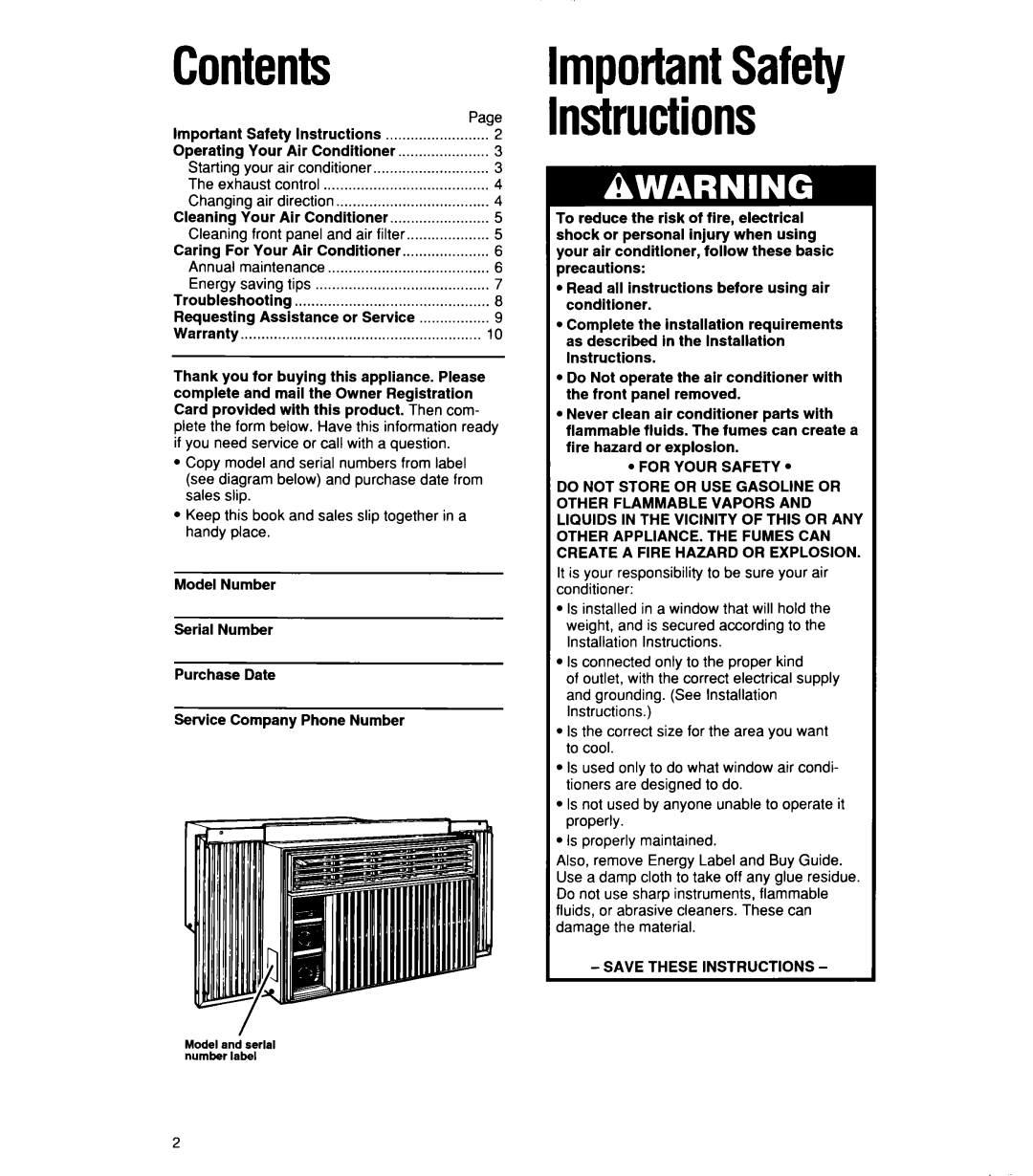 Whirlpool 1159801 manual Contents 