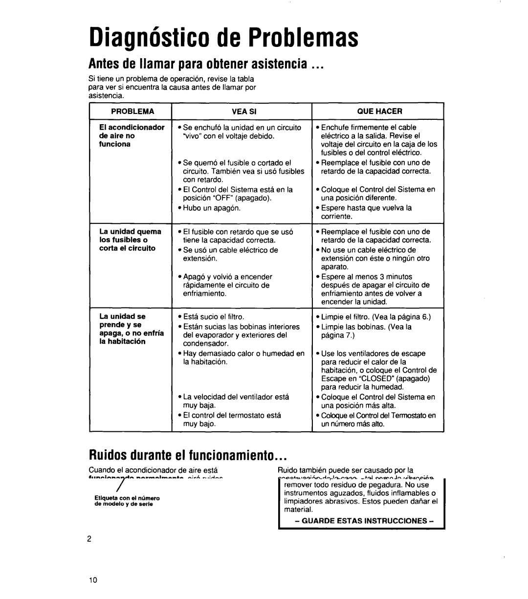 Whirlpool 1159801 manual Diagnhtico de Problemas, Antesde llamar para obtenerasistencia, Ruidosduranteel funcionamiento 