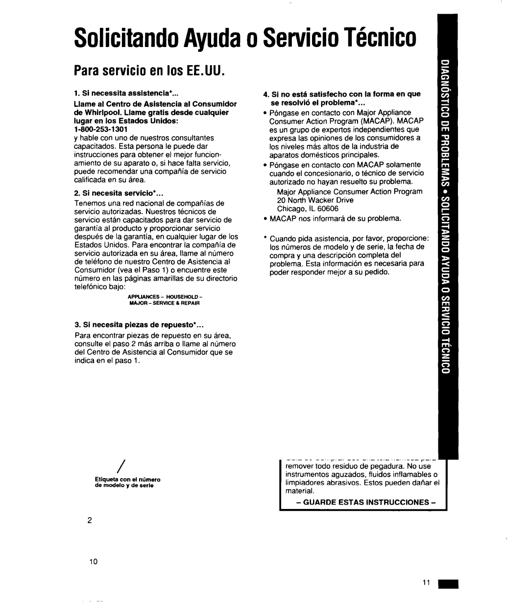 Whirlpool 1159801 manual SolicitandoAyudao ServicioTknico, Paraservicio en 10sEE.UU 