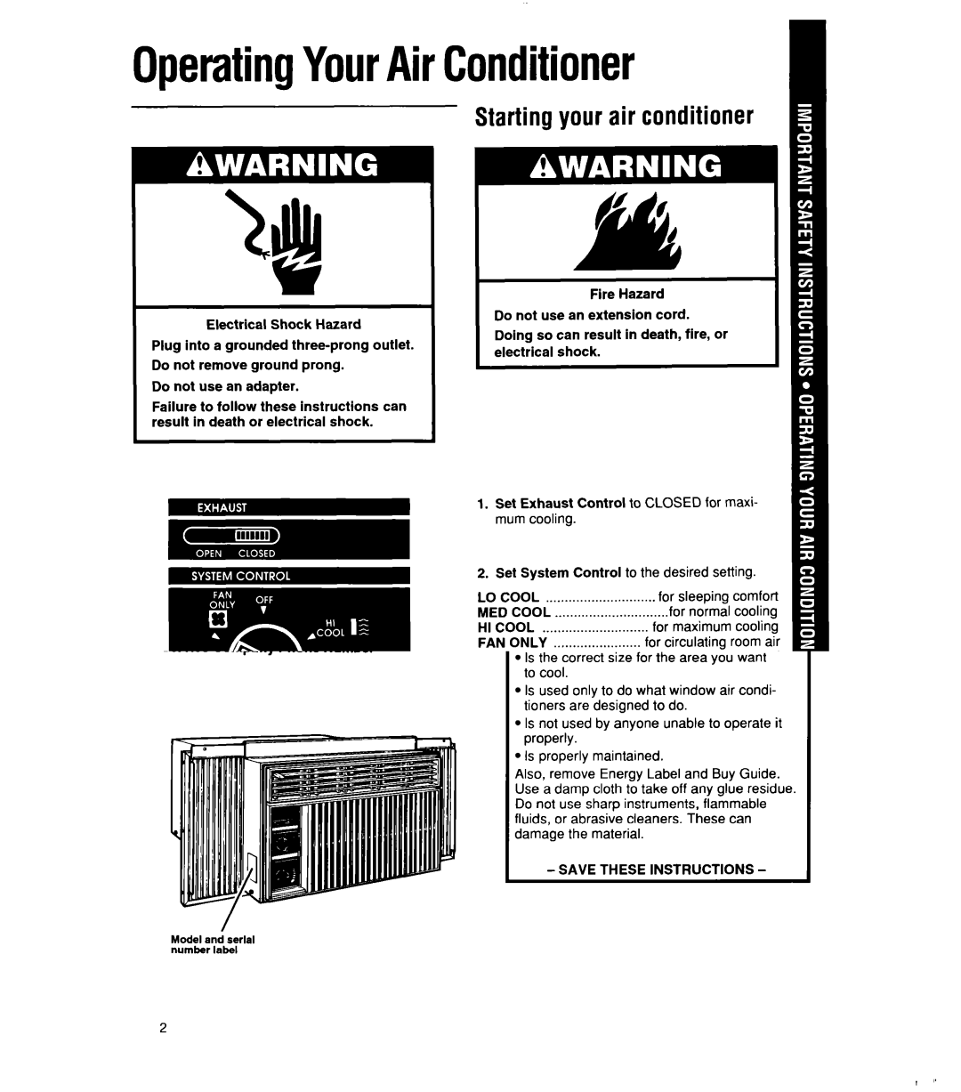 Whirlpool 1159801 manual OperatingYourAirConditioner, Startingyour air conditioner, LO Cool, MED Cool, HI Cool 