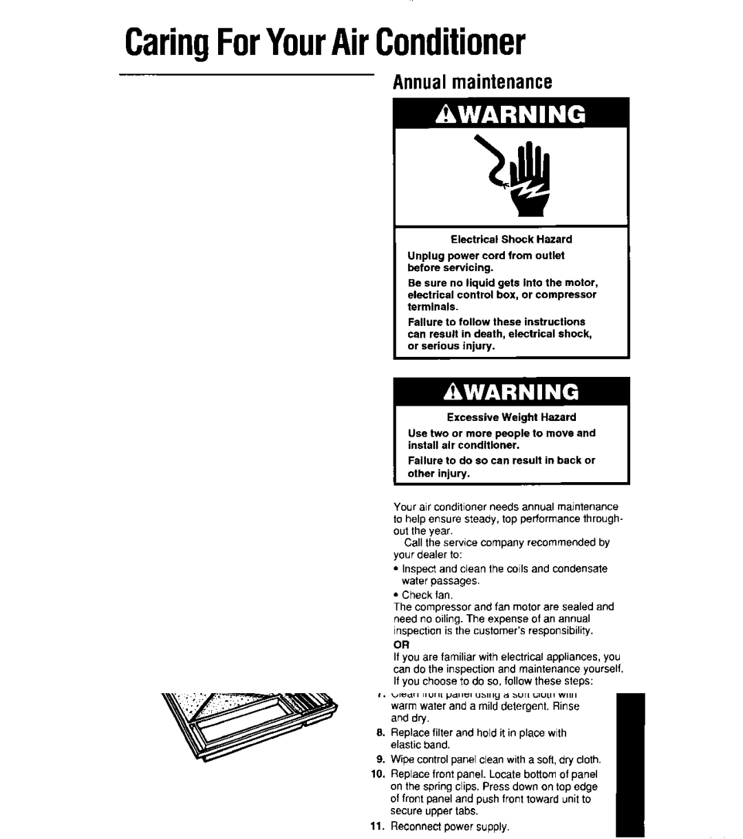 Whirlpool 1159801 manual CaringForYourAirConditioner, Annual maintenance 