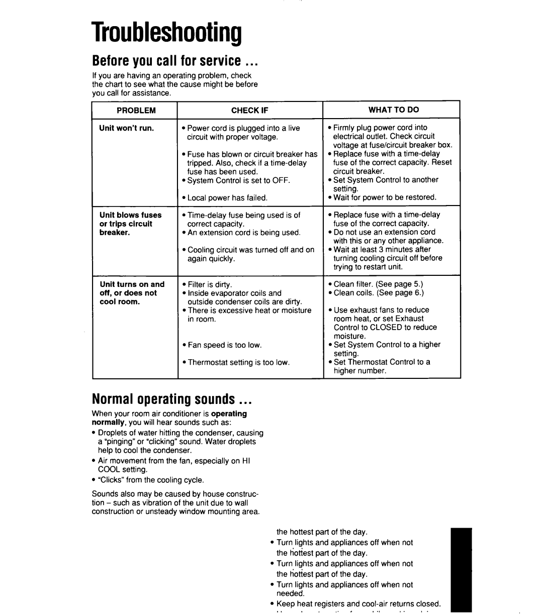 Whirlpool 1159801 manual Troubleshooting, Beforeyou call for service, Normaloperatingsounds 