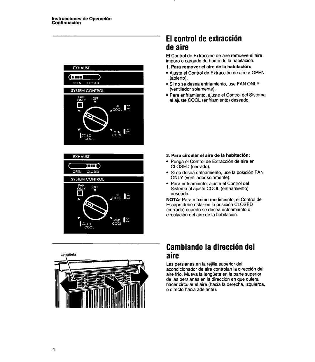 Whirlpool 1159801 manual El controlde extraccih de aire, Cambiandola direccih del aire 
