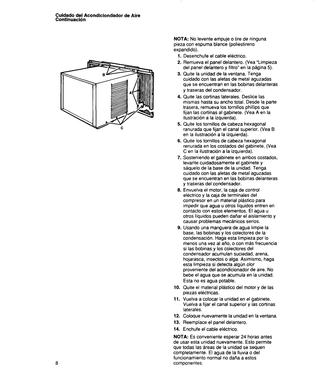 Whirlpool 1159801 manual Culdado del Acondiciondador de Aire Continuacih 