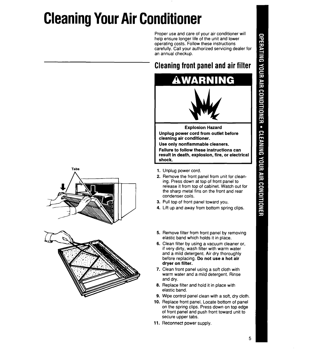 Whirlpool 1159801 manual CleaningYourAirConditioner, Cleaningfront panelandair filter 