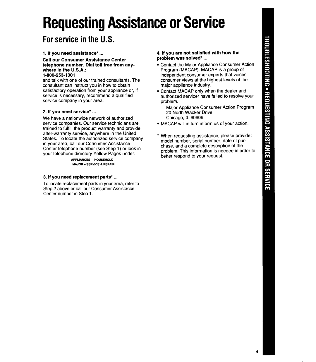 Whirlpool 1159801 manual RequestingAssistanceorService, Forservicein the U.S 
