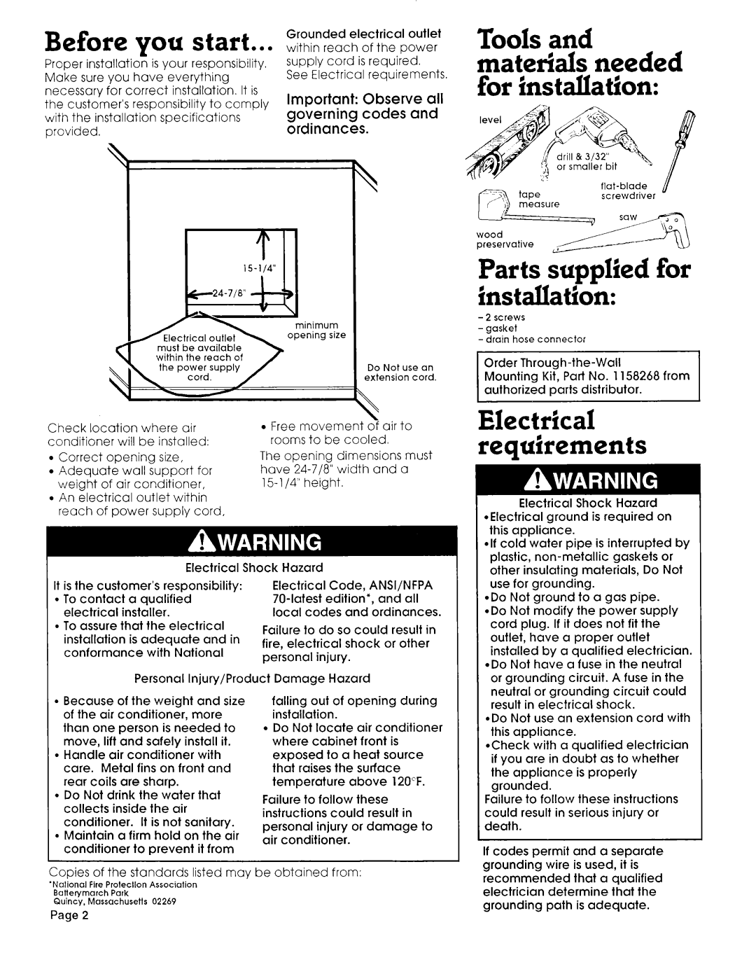 Whirlpool 1163570 installation instructions Tools, Parts supplied for installation, Materials needed for installation 