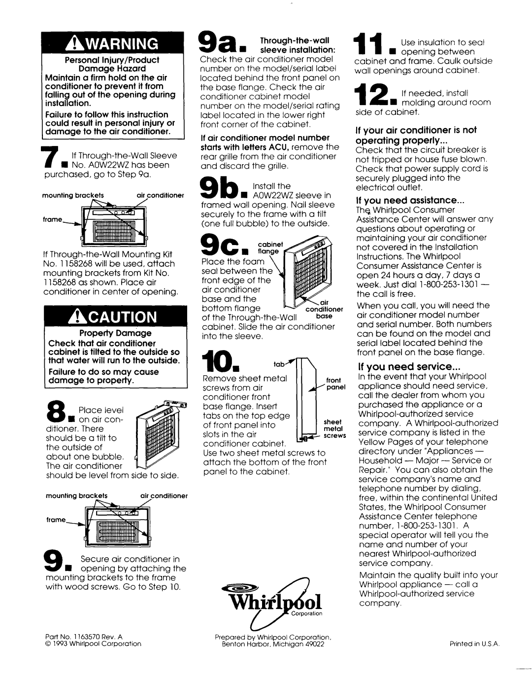 Whirlpool 1163570 installation instructions If you need service, tab, Ttih 01 company 