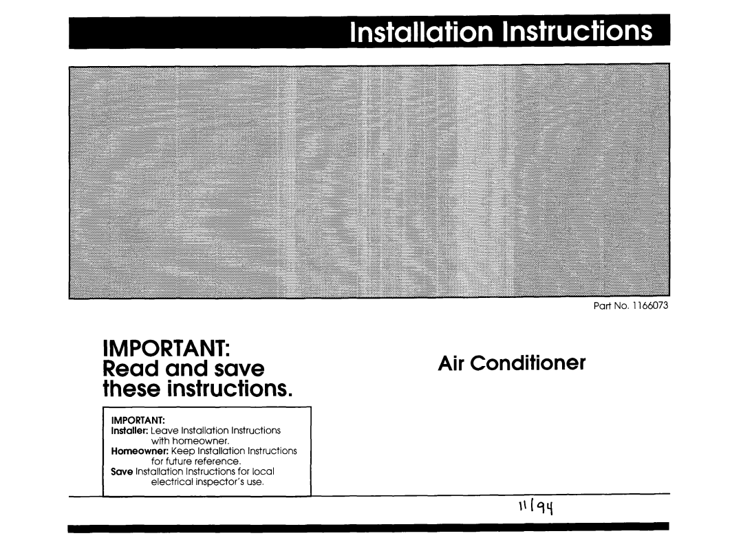 Whirlpool 1166073 installation instructions IMPORTANT Read and save these instructions, Air Conditioner 