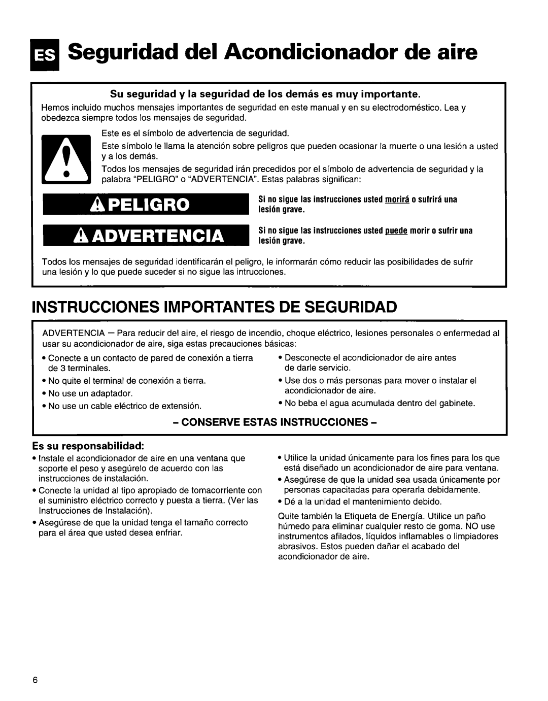 Whirlpool 1172397 Seguridad del Acondicionador de aire, Su seguridad y la seguridad de 10s demk es muy importante 