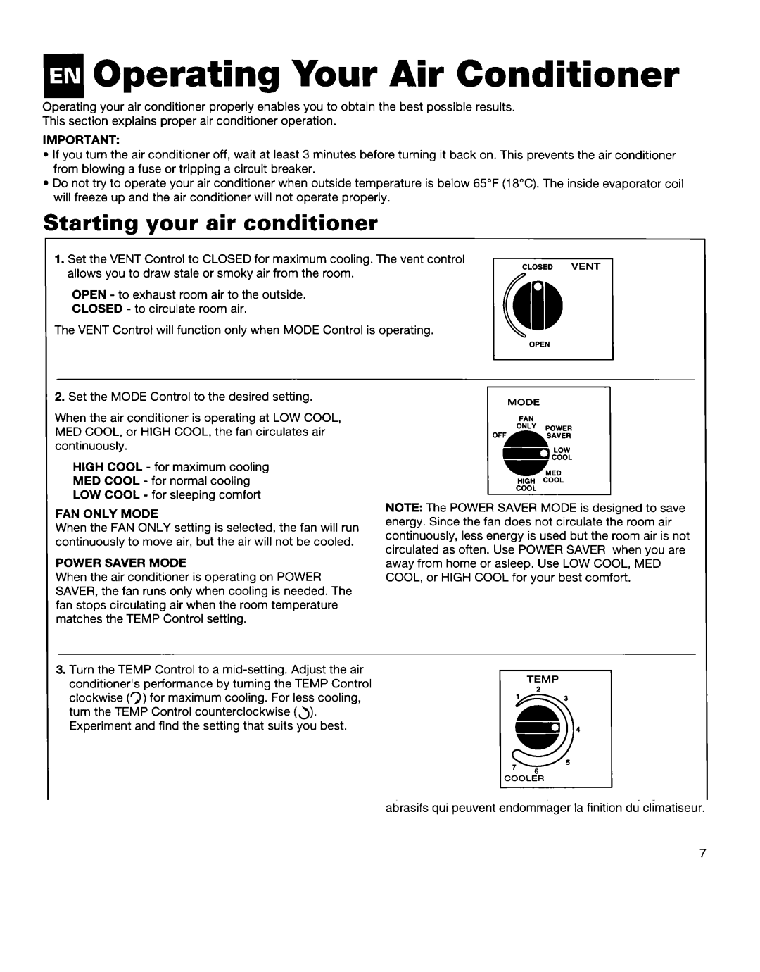 Whirlpool 1172397 Operating Your Air Conditioner, Starting your air conditioner, FAN only Mode, Power Saver Mode 