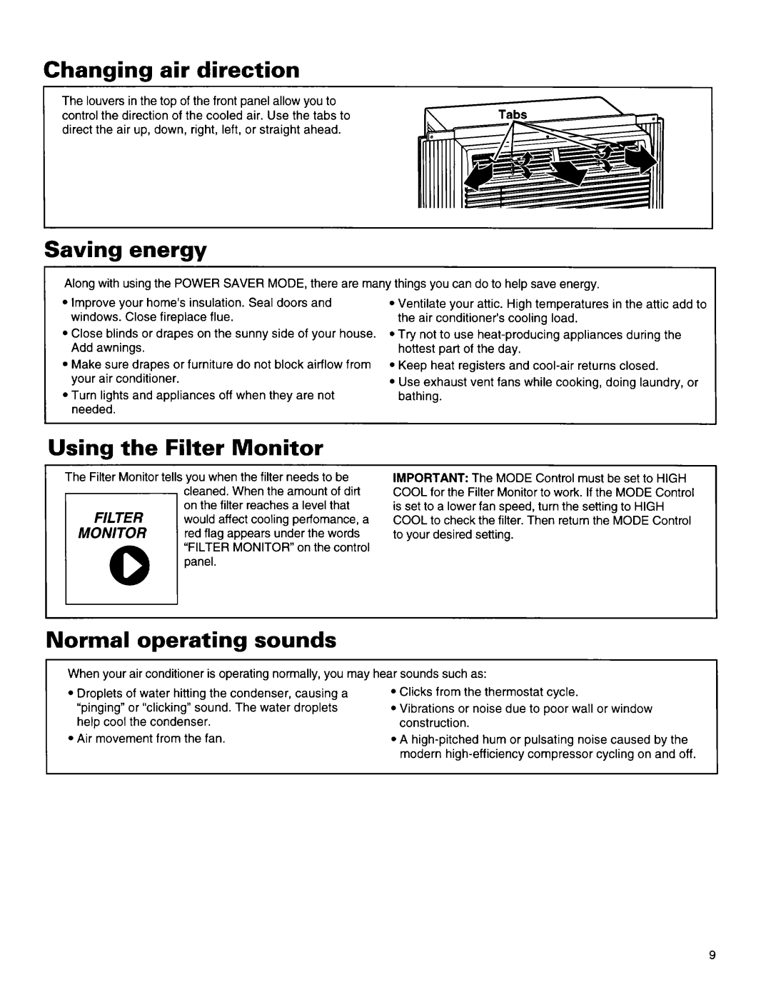 Whirlpool 1172397 Changing air direction, Saving energy, Using the Filter Monitor, Normal operating sounds 