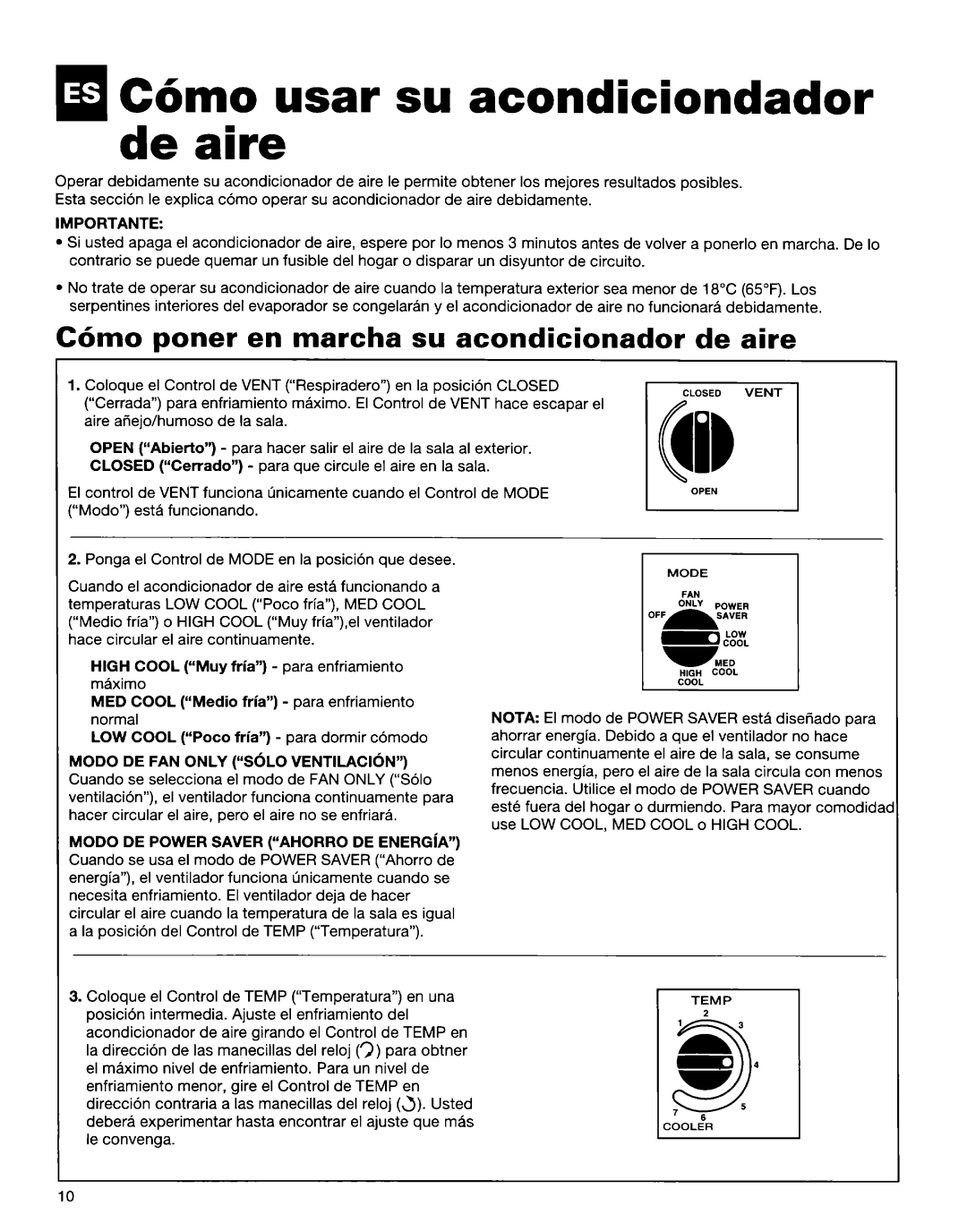 Whirlpool 1172397 C6mo poner en marcha su acondicionador de aire, Importante, Nota, MOD0 DE FAN only ‘&LO 