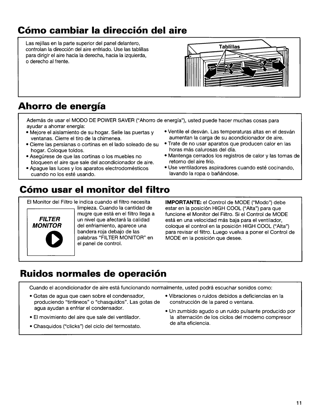 Whirlpool 1172397 C6mo cambiar la direccibn del aire, C6mo usar el monitor del filtro, Ruidos normales de operaci6n 