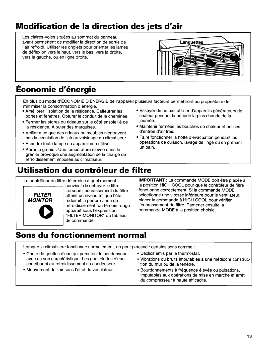 Whirlpool 1172397 Modification de la direction des jets d’air, Economic ’hergie, Utilisation du contreleur de filtre 