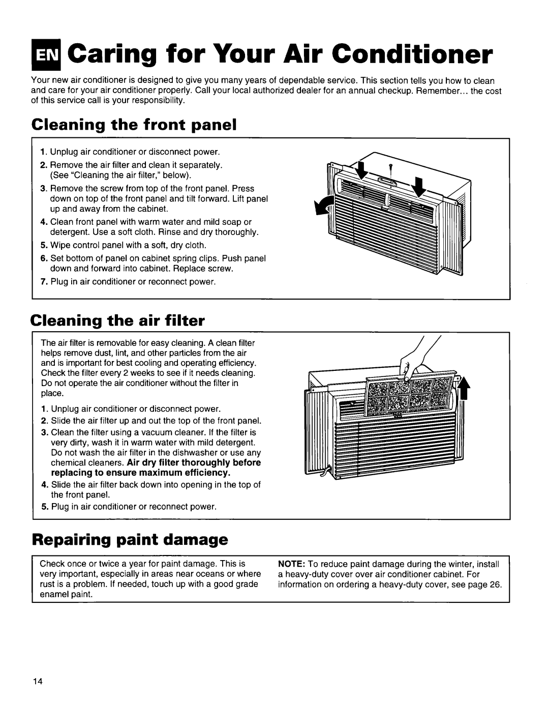 Whirlpool 1172397 Caring for Your Air Conditioner, Cleaning the front panel, Cleaning the air filter 