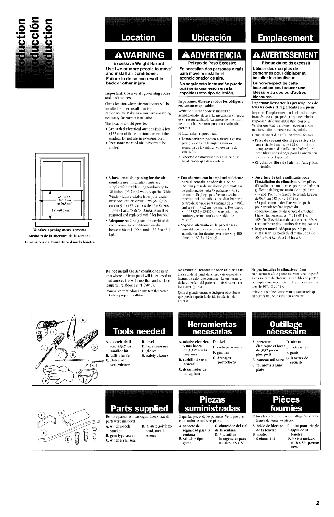 Whirlpool 1172397 installation instructions Peligro de Peso Excesivo Se necesitan dos personas o m8s 