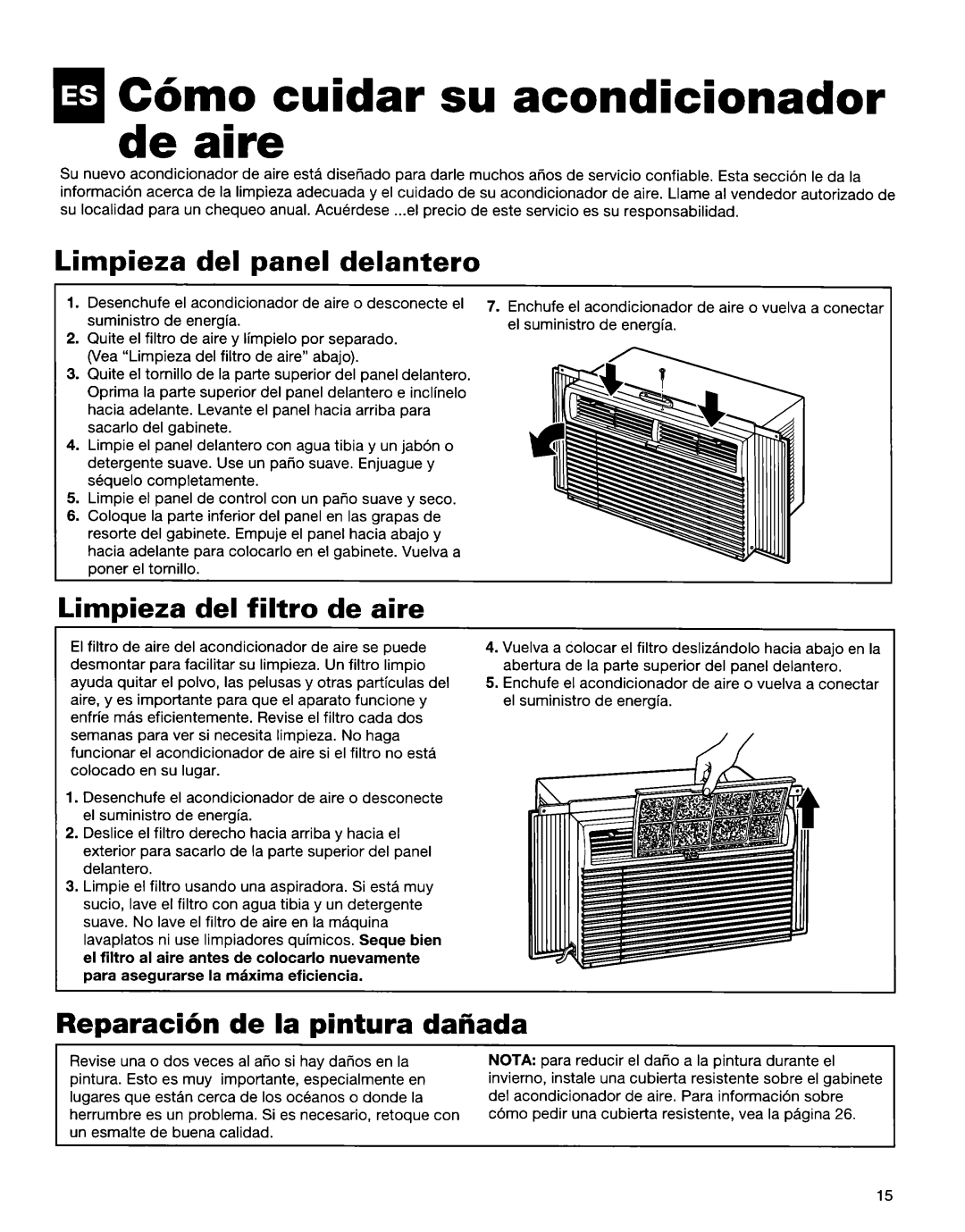 Whirlpool 1172397 C6mo cuidar su acondicionador de aire, Limpieza del panel delantero, Limpieza del filtro de aire 