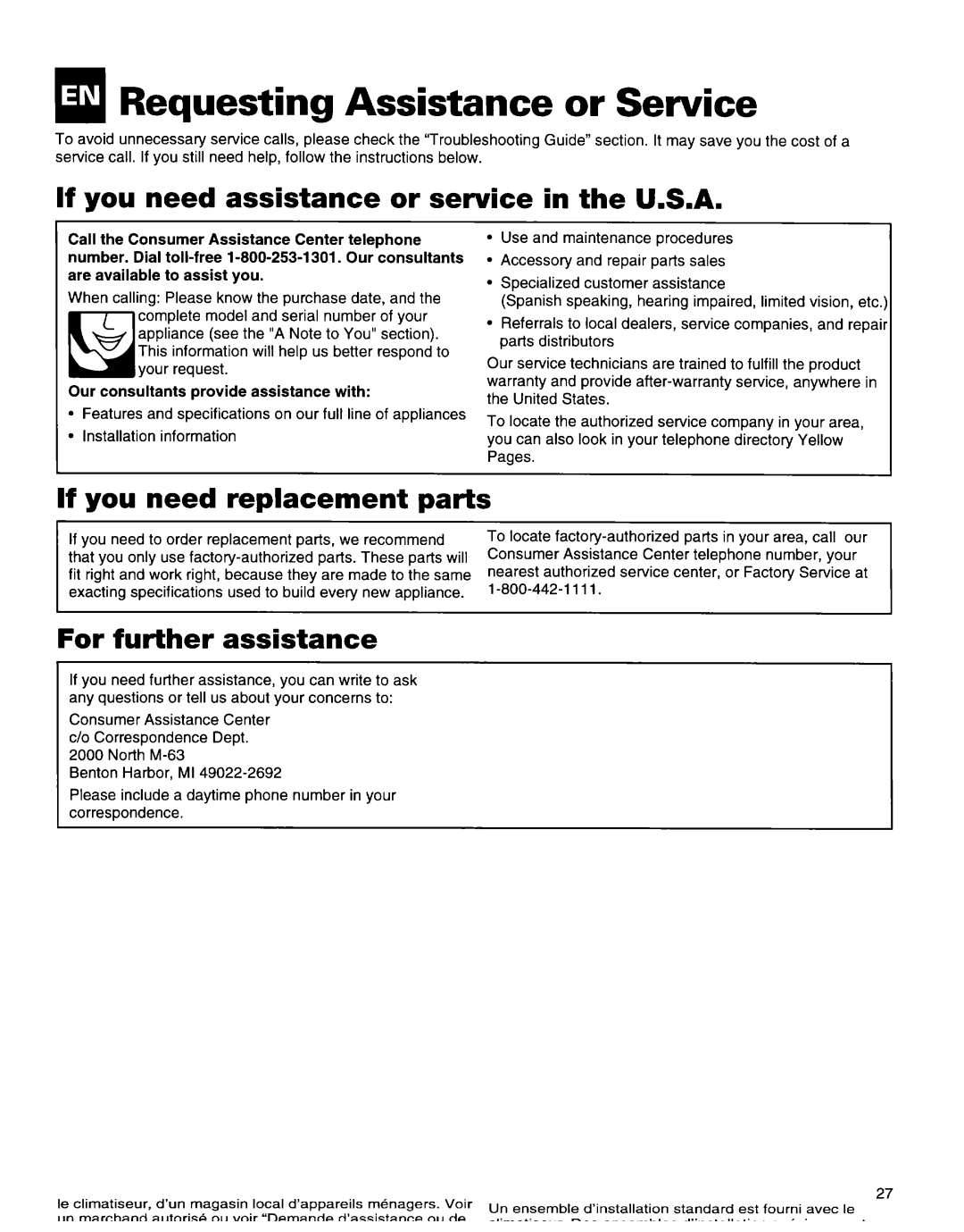 Whirlpool 1172397 Requesting Assistance or Service, If you need assistance or service in the U.S.A, For further assistance 