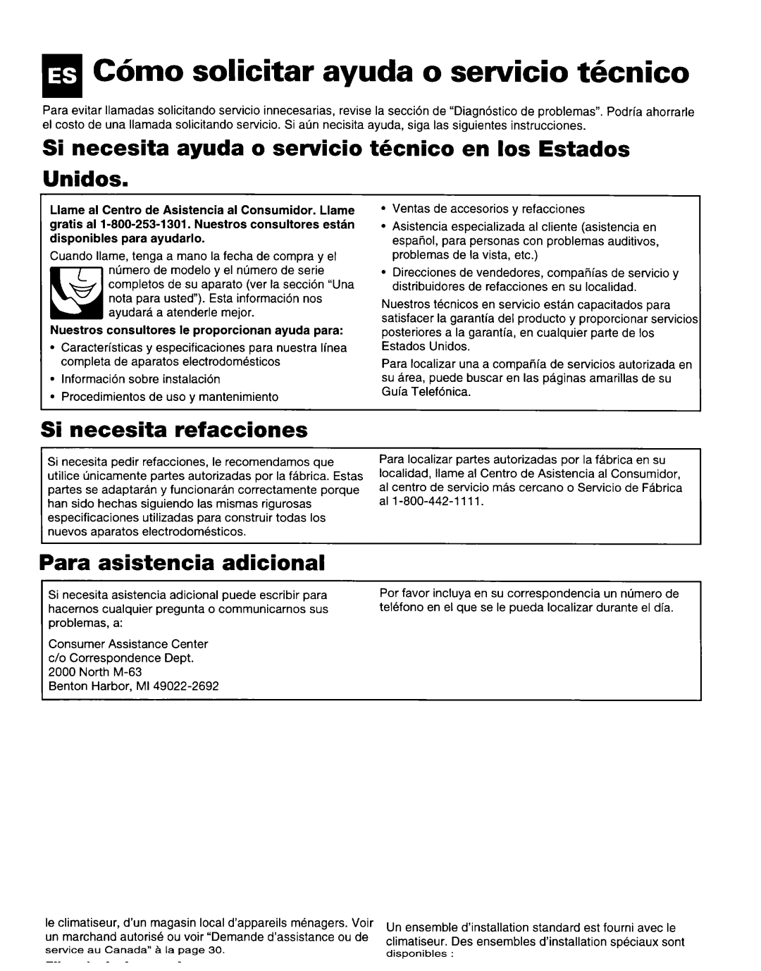 Whirlpool 1172397 C6mo solicitar ayuda o servicio tknico, Si necesita ayuda o servicio tbcnico en 10s Estados Unidos 