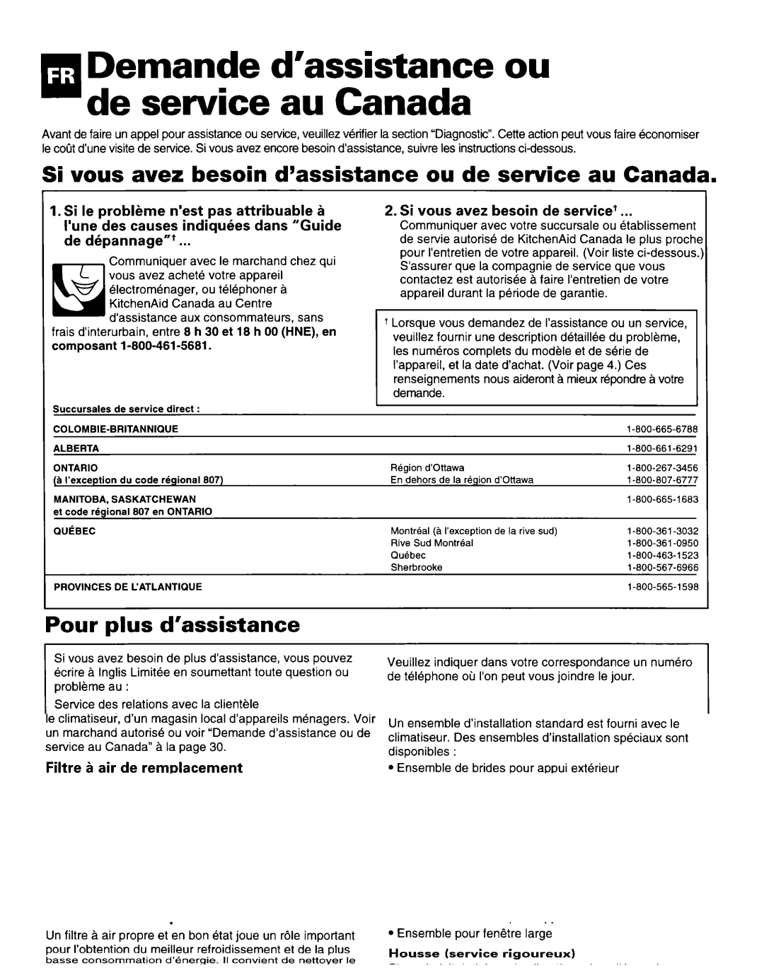 Whirlpool 1172397 Demande d’assistance ou de service au Canada, Si vous avez besoin d’assistance ou de service au Canada 