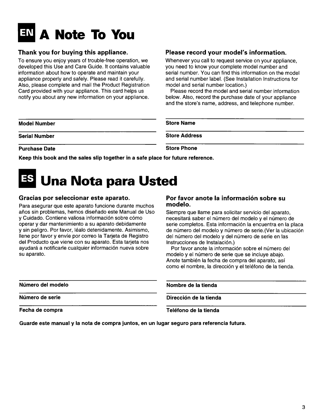 Whirlpool 1172397 Una Nota para Usted, Thank you for buying this appliance, Please record your model’s information 