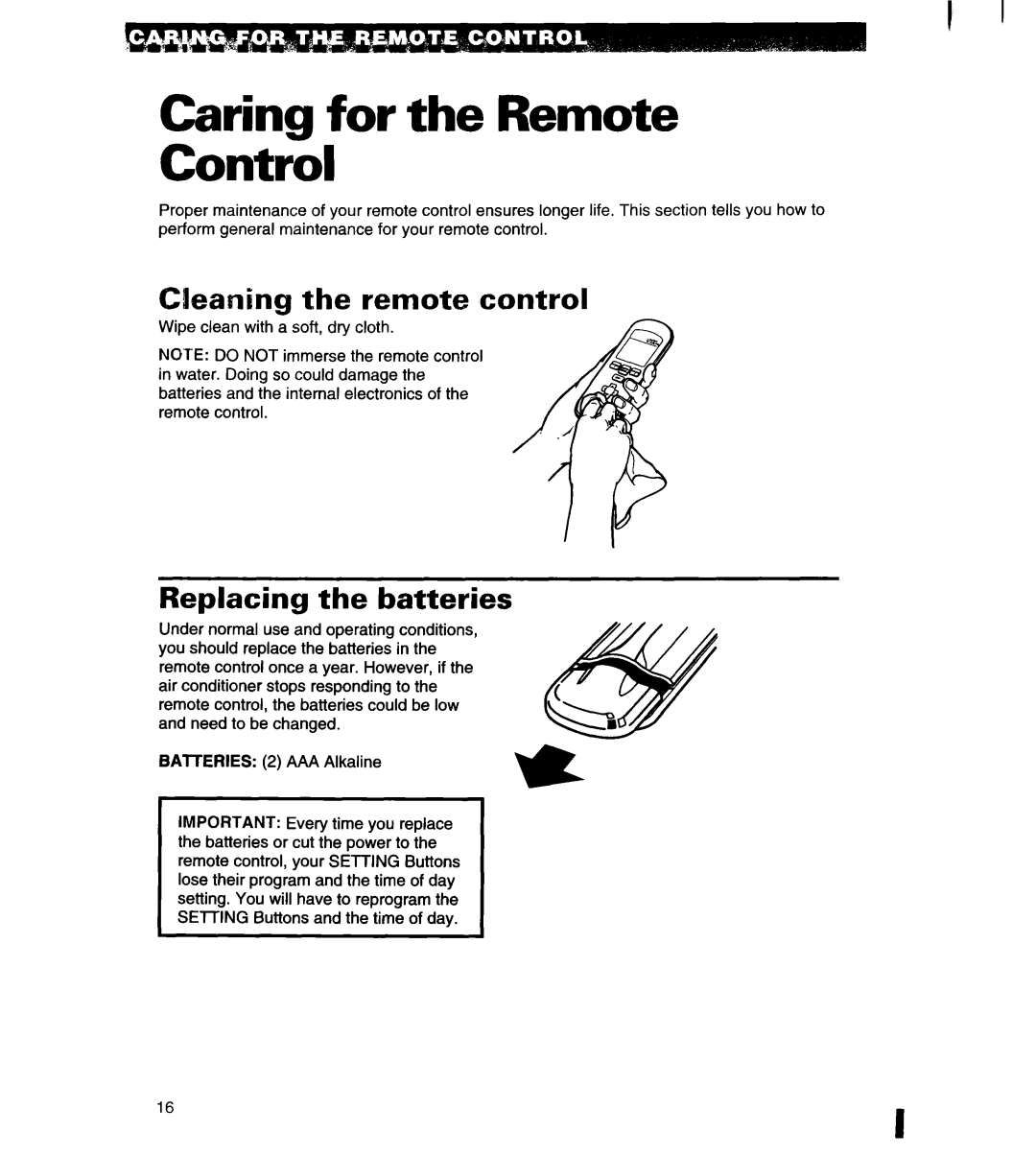 Whirlpool 1180435-A Caring for the Remote Control, Cleaning the remote control, Replacing the batteries 