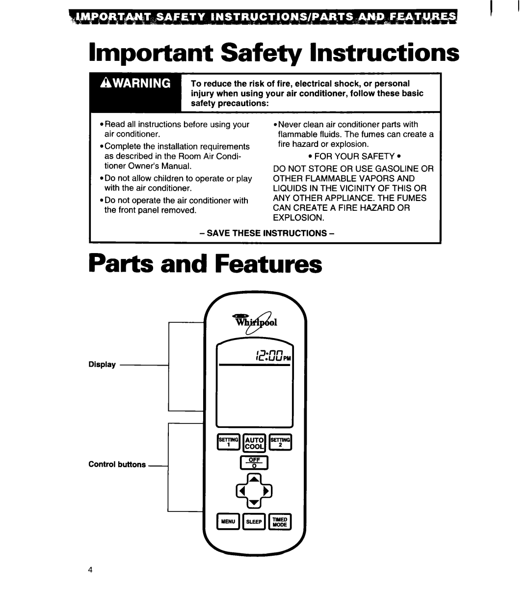 Whirlpool 1180435-A important safety instructions Important Safety Instructions, Parts and Features 