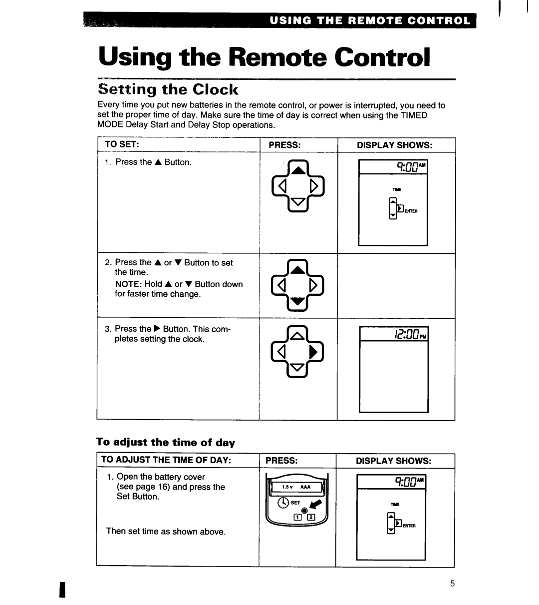 Whirlpool 1180435-A important safety instructions Using the Remote Control, To adjust the time of day 