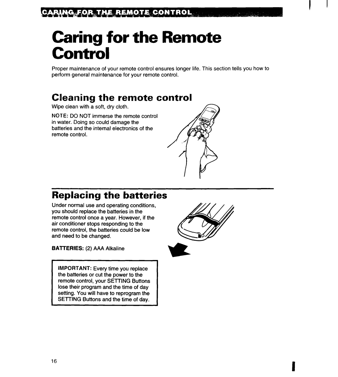 Whirlpool 1180435-A important safety instructions Caring for the Remote Control, Replacing the batteries 