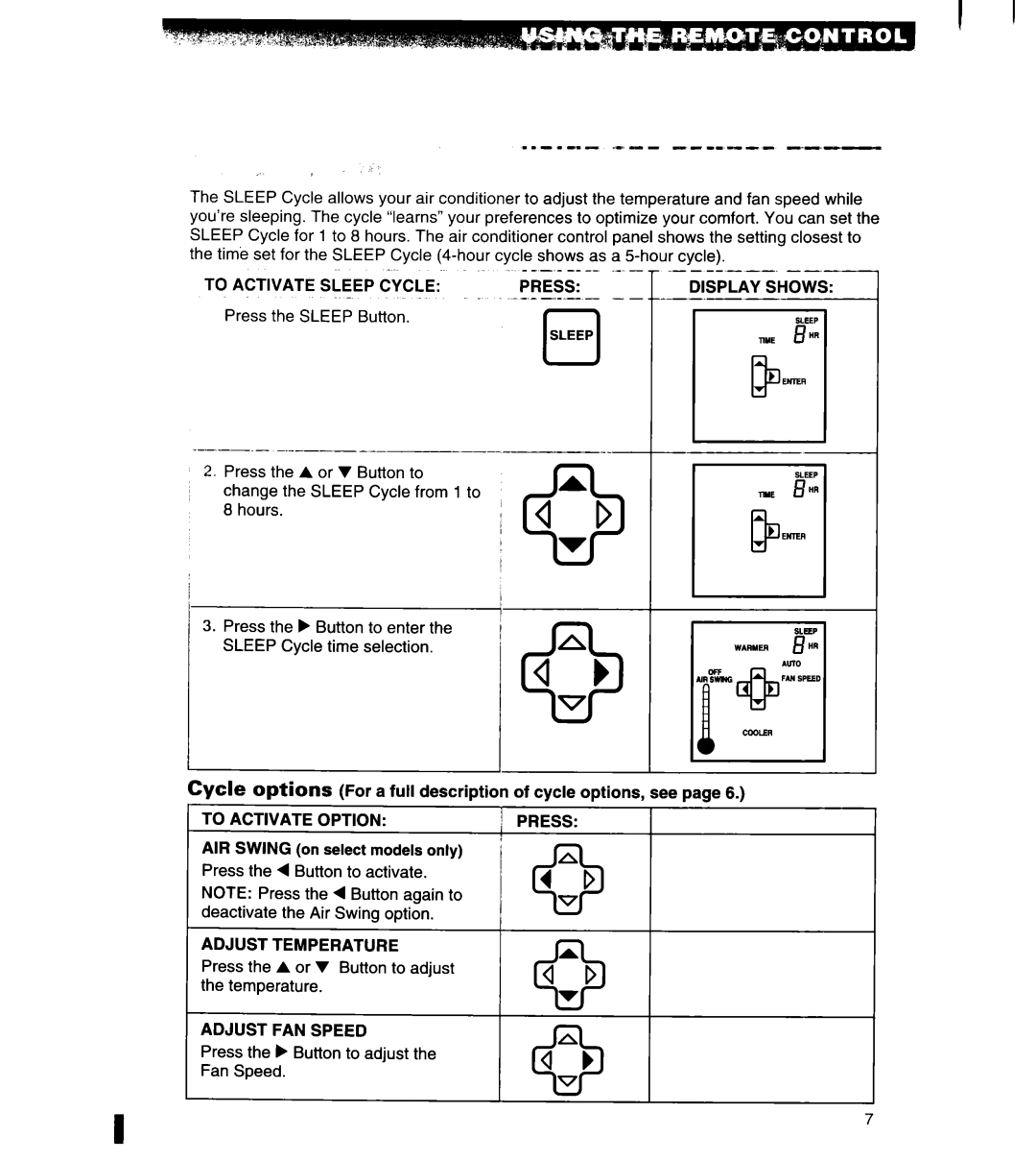 Whirlpool 1180435-A important safety instructions To Activate Sleep Cycle Press, Adjust Temperature, Adjust FAN Speed 